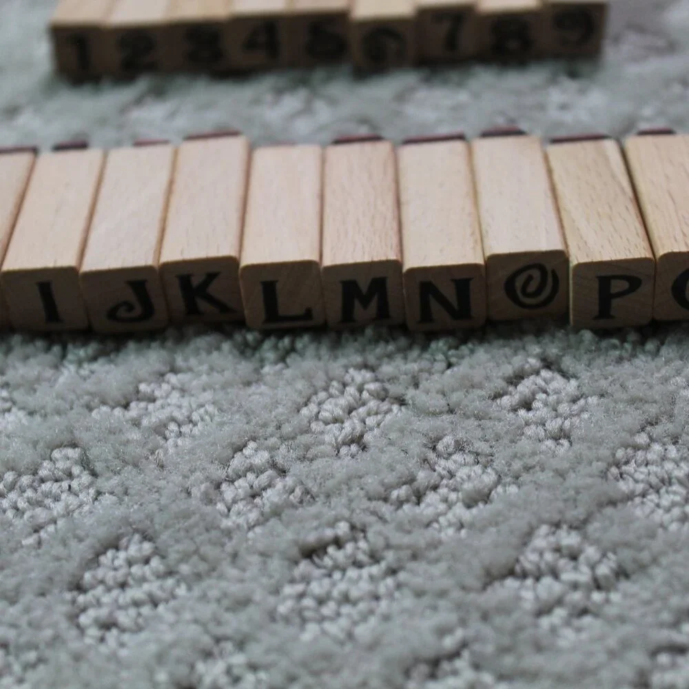 Lot of 34 Preowned Wood Mounted Alphabet & Number Stamps - Missing Letter 
